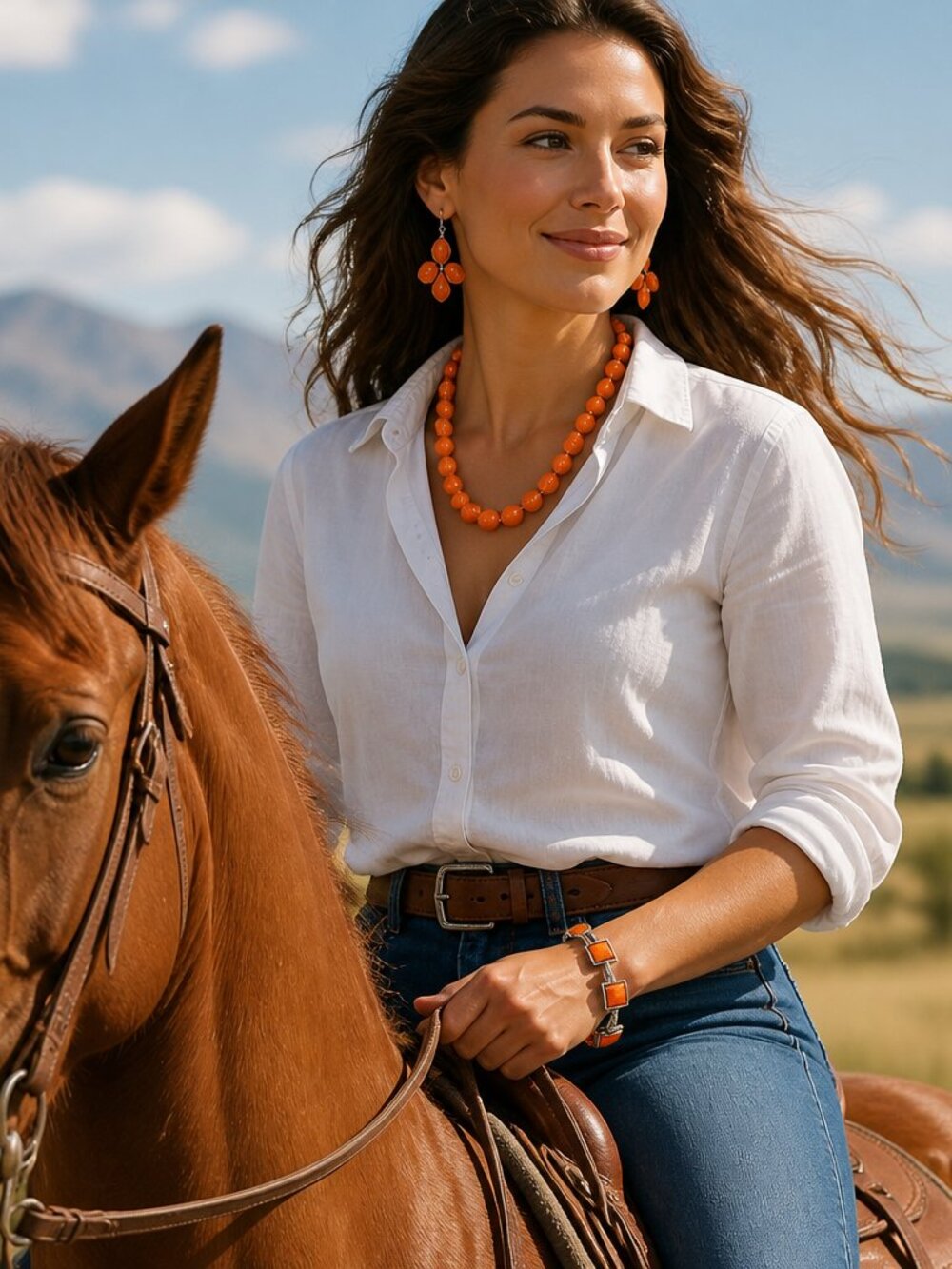 Bold Burnt Orange Statement Jewelry Set – Chunky Beaded Necklace, Geometric Cuff